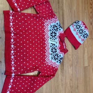 No Boundaries Red and White Snowflake Sweater Top and beanie